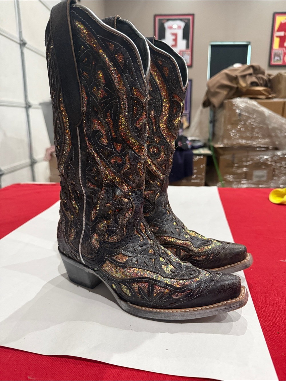 J.B. Dillon Black Boots with Iridescent Glitter Overlay